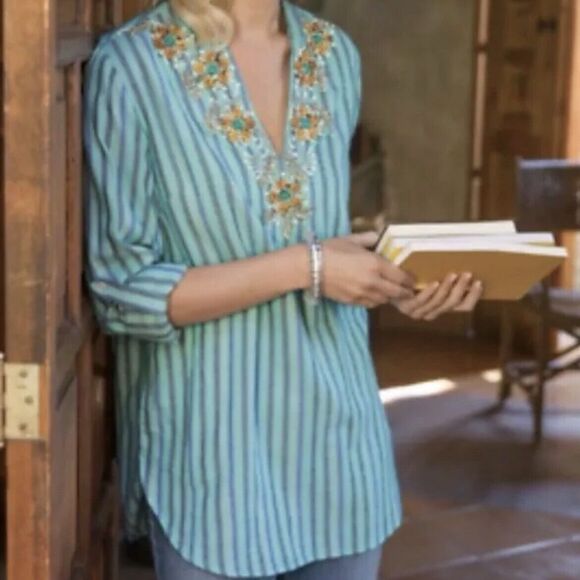 Soft Surroundings Tortola Tunic Top Turquoise Stripe Split V-Neck Beaded Sz S - Picture 1 of 9